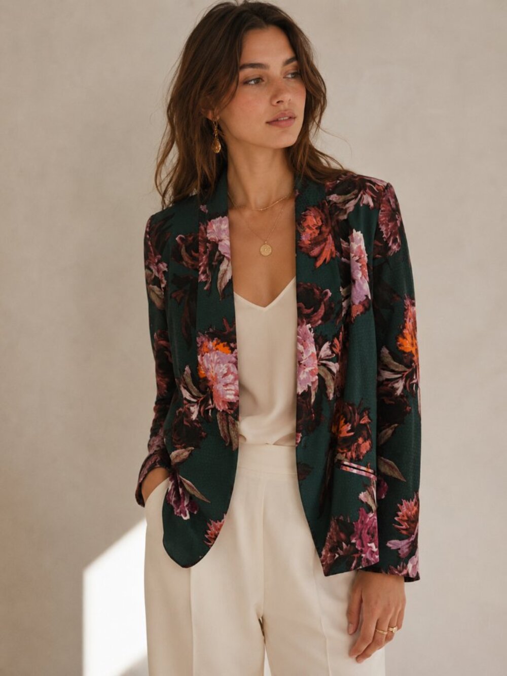 Cartonnier Floral Open Front Blazer Jacket Size 12 Green Pink Anthropologie